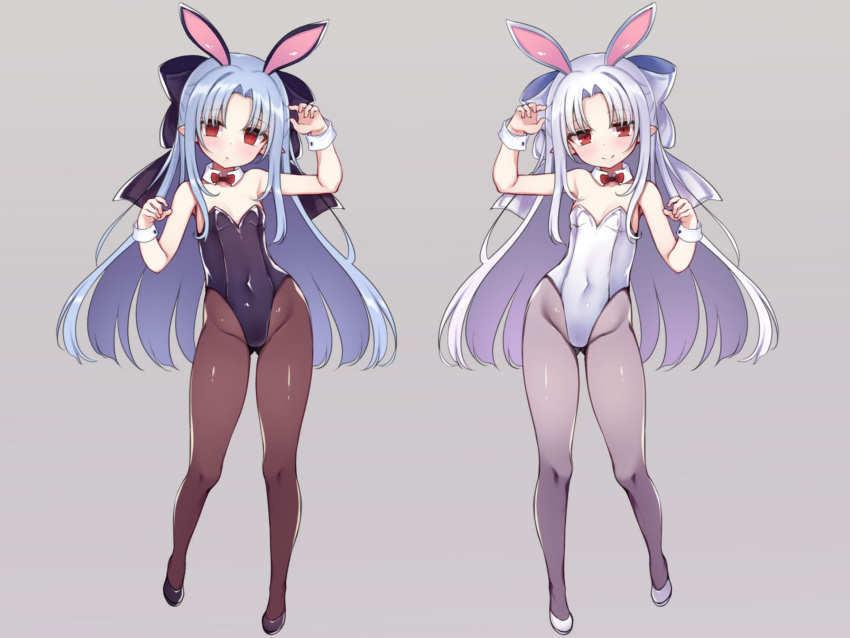 2girls, animal_ears, arm_up, ass_visible_through_thighs, bare_shoulders, blue_hair, blush, bow, bowtie, breasts, covered_navel, detached_collar, hair_bow, highleg, highleg_leotard, highres, len_(tsukihime), leotard, long_hair, looking_at_viewer, melty_blood, multiple_girls, pantyhose, playboy_bunny, pointy_ears, rabbit_ears, red_bow, red_eyes, red_neckwear, simple_background, small_breasts, strapless, strapless_leotard, tsukihime, wrist_cuffs, yako
