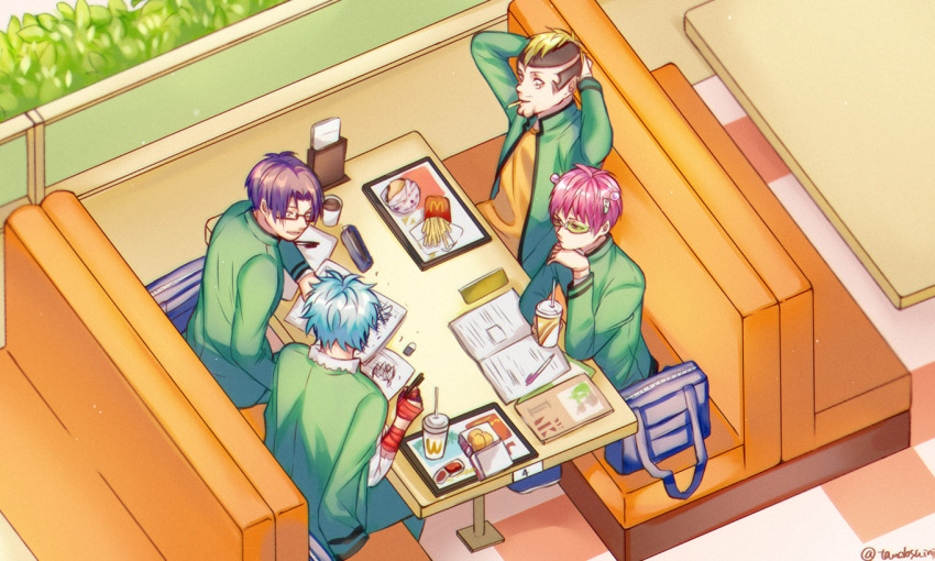 4boys, bandages, blonde_hair, cleft_chin, facial_hair, fast_food, glasses, headgear