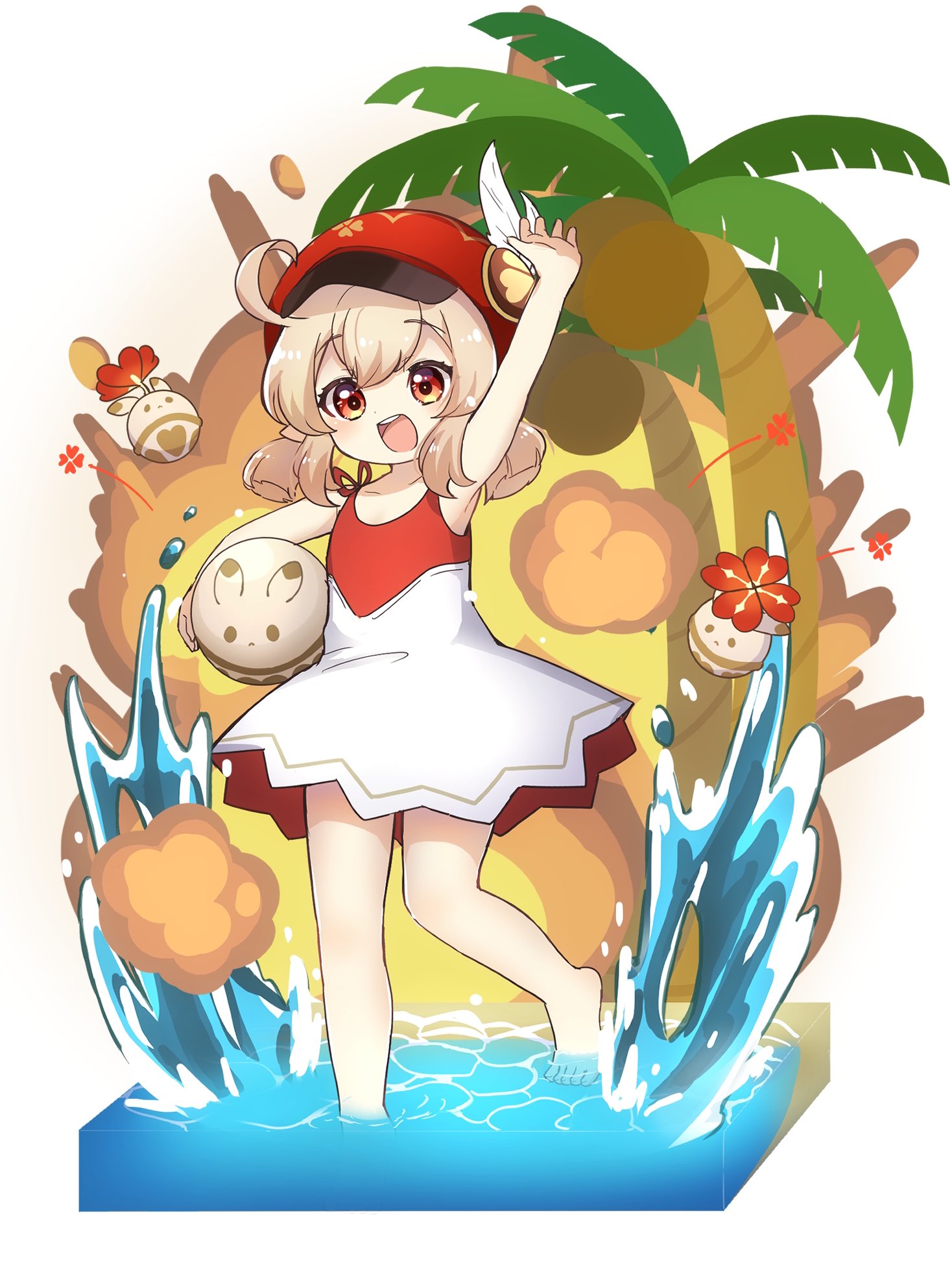 1girl, :d, ahoge, alternate_costume, armpits, arms_up, ball, beach, beachball, cabbie_hat, carrying, casual, clover_print, coconut_tree, collarbone, commentary_request, dress, explosion, eyebrows_visible_through_hair, eyes_visible_through_hair, floating, floating_object, genshin_impact, hair_between_eyes, hat, hat_feather, hat_ornament, highres, in_water, jumpy_dumpty, klee_(genshin_impact), light_brown_hair, long_hair, looking_at_viewer, low_twintails, nontao, ocean, open_mouth, orange_eyes, palm_tree, pointy_ears, sidelocks, sleeveless, sleeveless_dress, smile, solo, standing, standing_on_one_leg, tree, twintails, waving