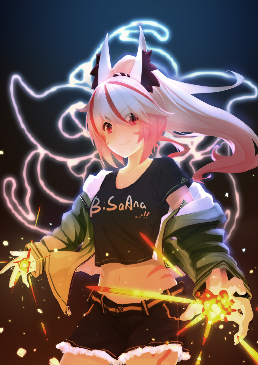 1girl, absurdres, animal_ears, artist_name, bisaana, black_shirt, black_shorts, casual
