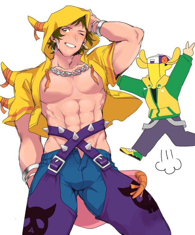 2boys, ;), abs, blonde_hair, blue_pants, bracelet, bulge, carparian