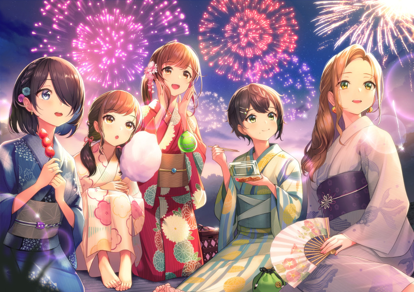 5girls, :d, :o, :t, aerial_fireworks, barefoot, blue_kimono, braid