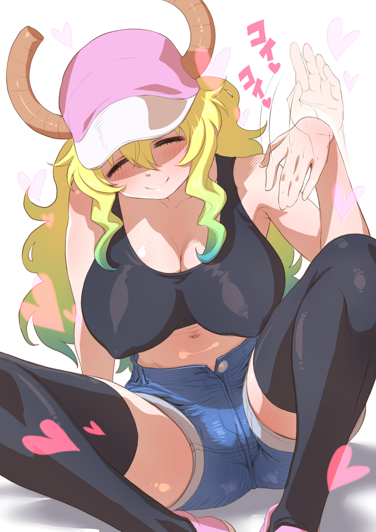 1girl, baseball_cap, black_legwear, black_tank_top, breasts, closed_eyes, denim, denim_shorts, dragon_girl, dragon_horns, gradient_hair, green_hair, hat, horns, horns_through_headwear, hounyouin, huge_breasts, kobayashi-san_chi_no_maidragon, long_hair, lucoa_(maidragon), multicolored_hair, pink_headwear, short_shorts, shorts, solo, tank_top, thigh-highs