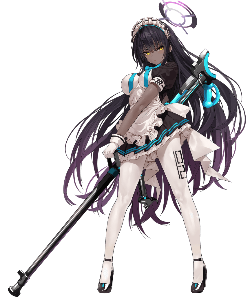 1girl, anti-materiel_rifle, apron, bangs, black_hair, blue_archive, bow, bowtie