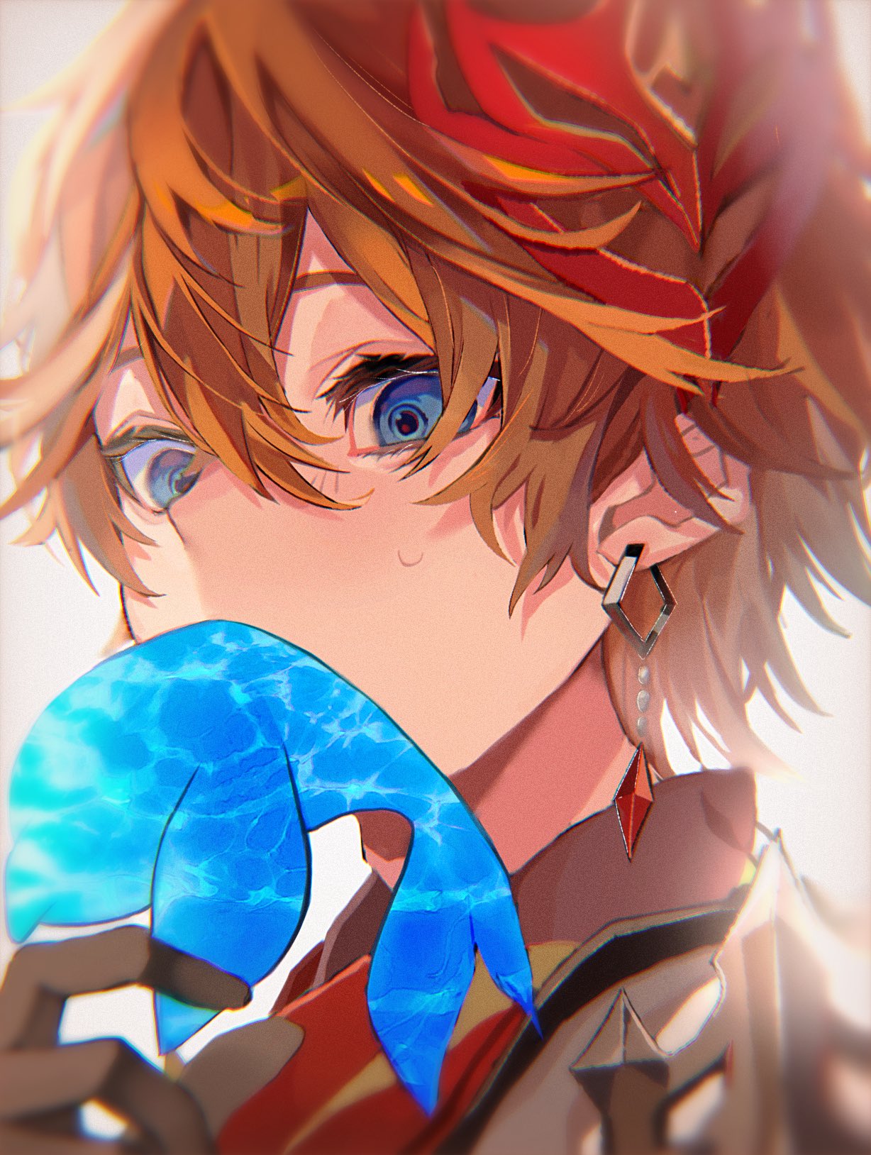1boy, bangs, black_gloves, blue_eyes, collared_shirt, covered_mouth, earrings, from_below
