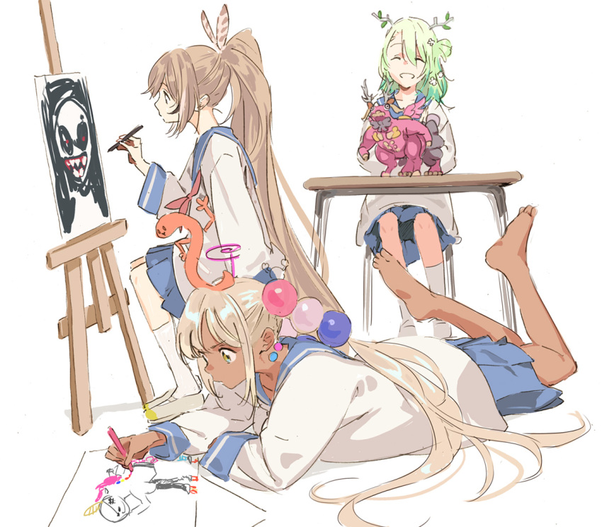 3girls, antlers, barefoot, blonde_hair, branch, brown_hair, canvas_(object), ceres_fauna