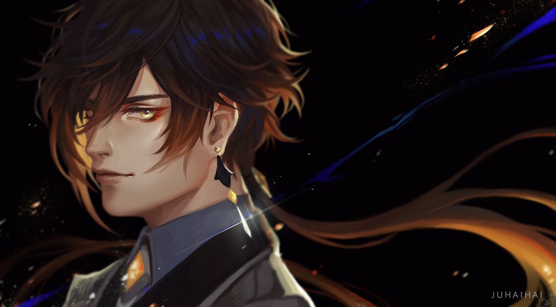 1boy, artist_name, bangs, brown_hair, collared_shirt, commentary, earrings, eyeliner