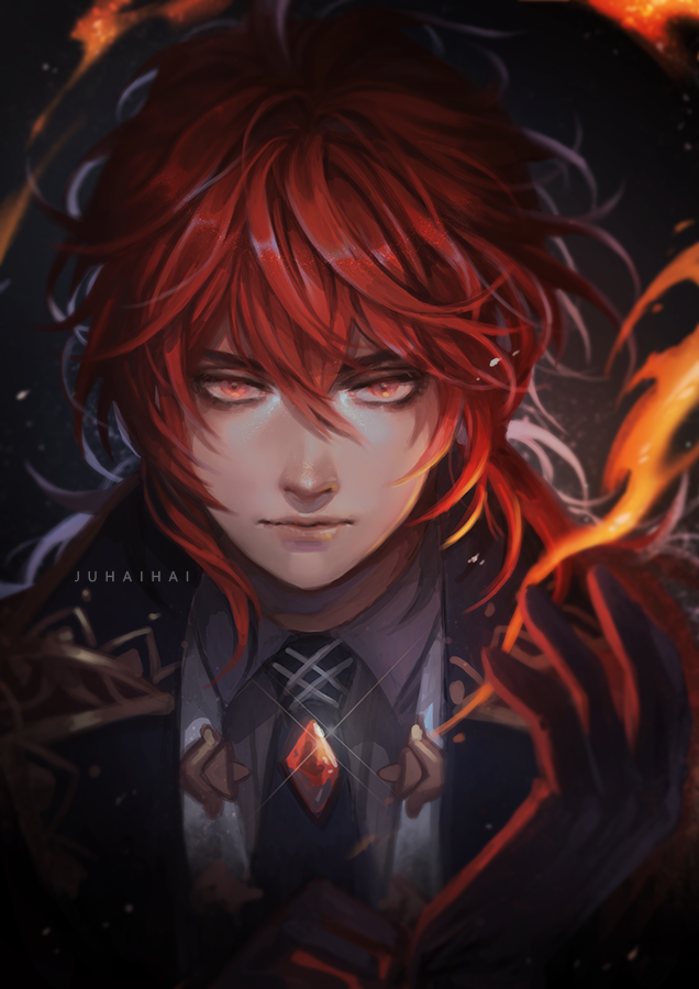 1boy, artist_name, bangs, black_gloves, black_jacket, brooch, commentary, diluc_(genshin_impact)