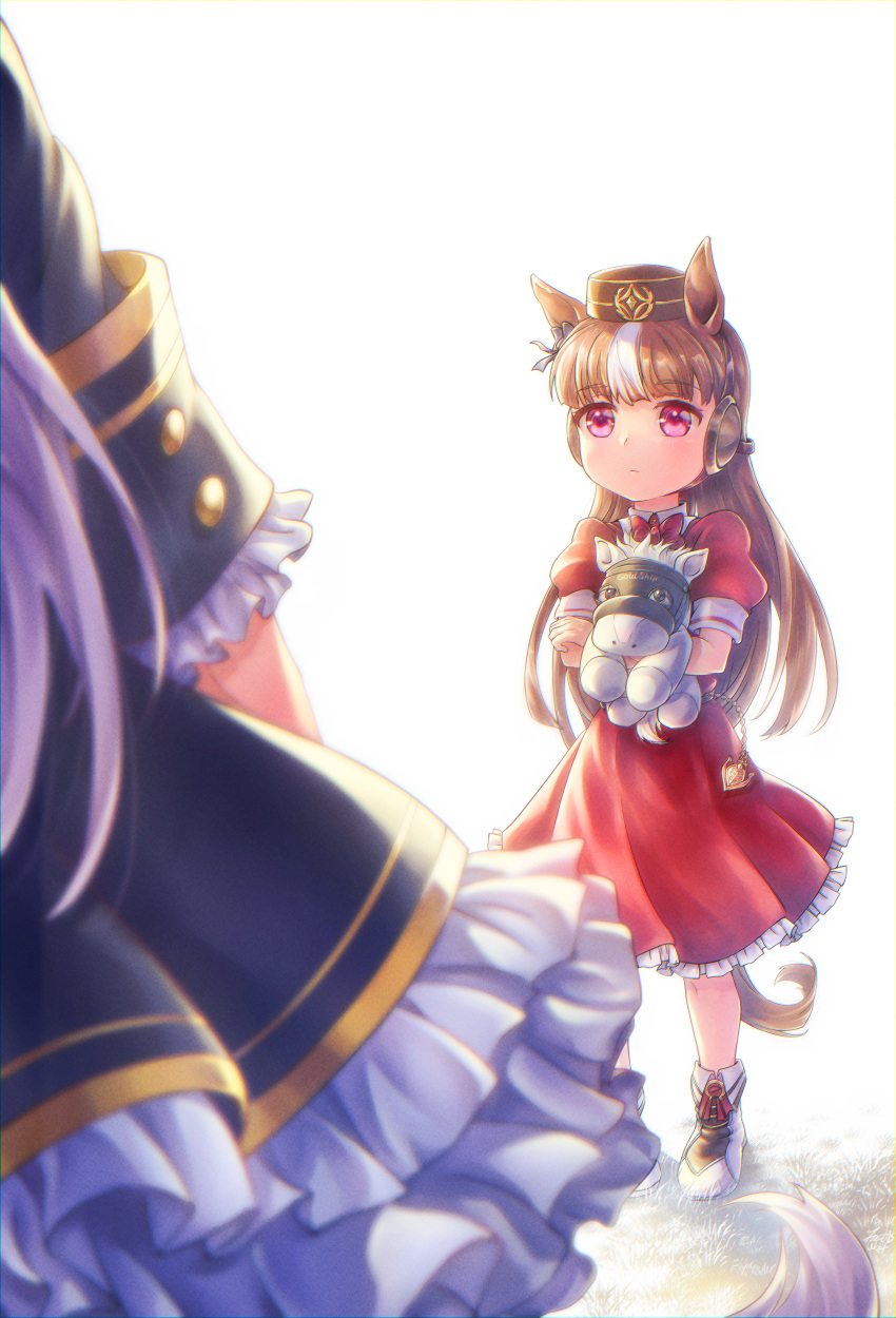 2girls, absurdres, adapted_costume, alternate_hair_color, anchor, animal_ears, ankle_boots, blurry