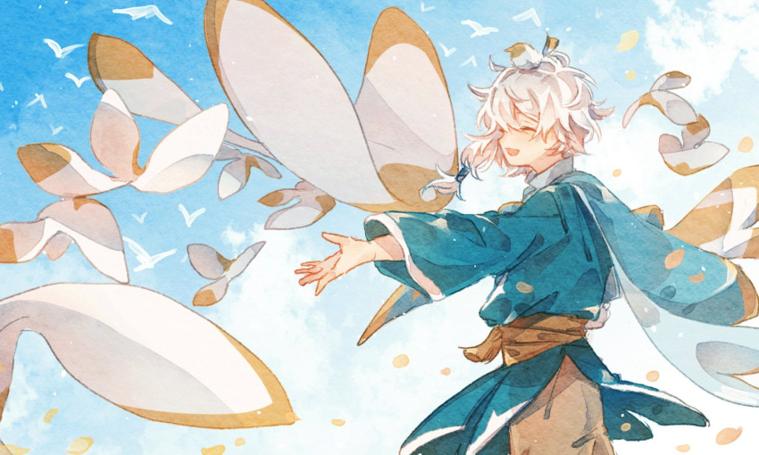 from_side, grey_hair, happy, long_sleeves, meme_skyyyy, open_mouth, sky:_children_of_the_light, sky_child