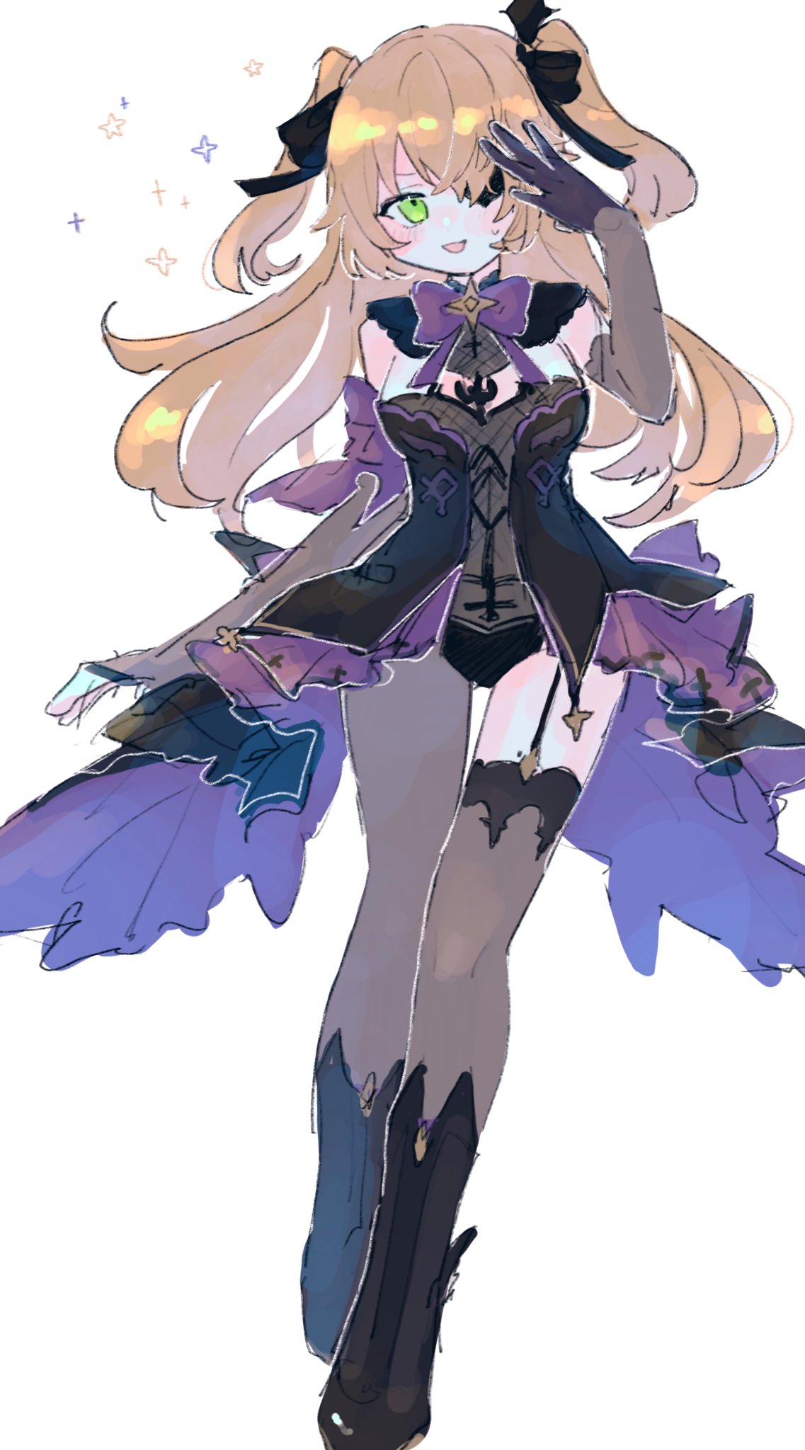 1girl, bangs, black_eyepatch, black_footwear, black_ribbon, blonde_hair, blush, bodysuit, boots, bow, bowtie, commentary, eyepatch, fischl_(genshin_impact), fishnet_bodysuit, fishnets, full_body, garter_straps, genshin_impact, gloves, green_eyes, hair_ribbon, high_heels, highres, leotard, pkurotein, purple_neckwear, purple_ribbon, ribbon, single_leg_pantyhose, smile, solo, two_side_up, vision_(genshin_impact), white_background