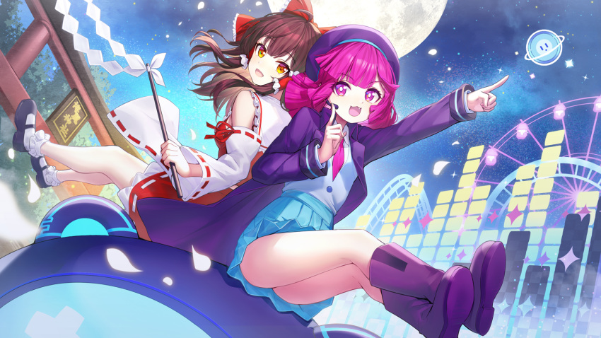 2girls, :d, back-to-back, beret, black_footwear, blue_skirt, bobby_socks, boots
