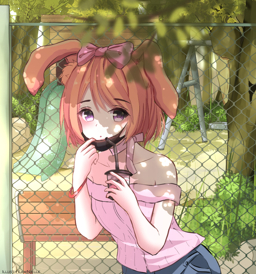 1girl, :o, animal_ears, bangs, bare_shoulders, bench, bendy_straw, blue_pants