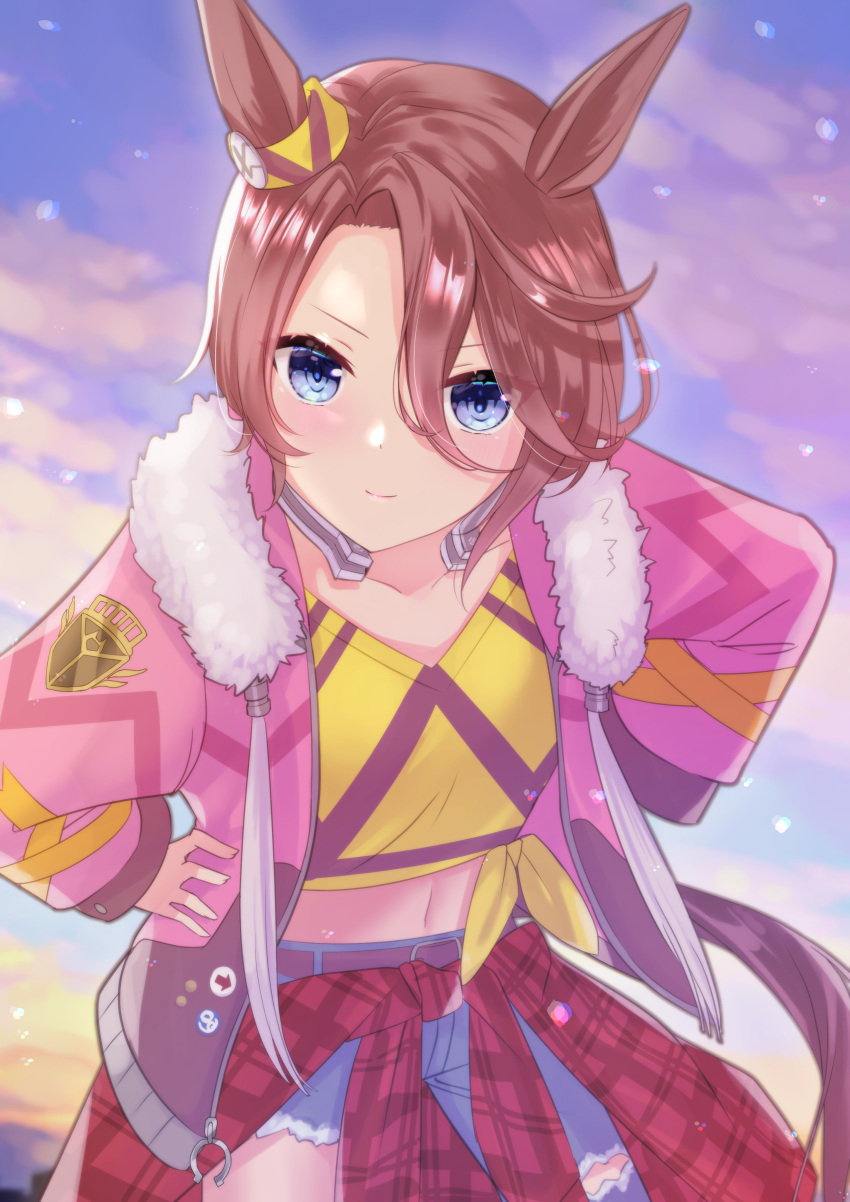 1girl, absurdres, animal_ears, blue_eyes, brown_hair, ear_ornament, hair_between_eyes, highres, horse_ears, horse_girl, horse_tail, horseshoe, jacket, narita_taishin_(umamusume), open_mouth, ramusika, school_uniform, shirt, short_hair, tail, tracen_school_uniform, umamusume