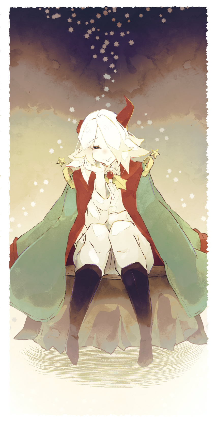 1girl, absurdres, cape, framed, grey_hair, highres, horns, light_smile