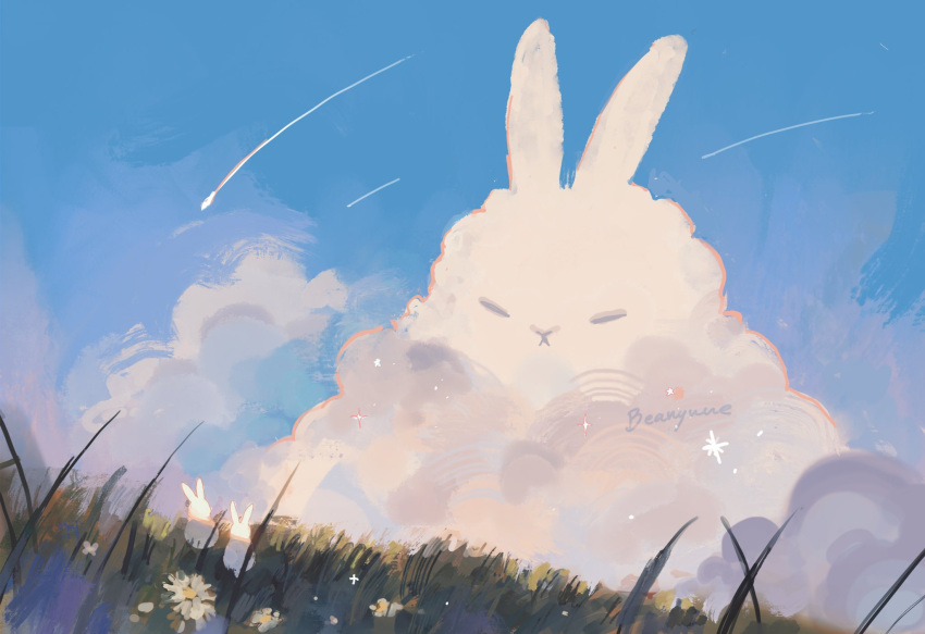 animal, animal_focus, beanynne, clouds, commentary, english_commentary, flower, grass, highres, no_humans, original, rabbit, scenery, shooting_star, signature, sky, white_flower
