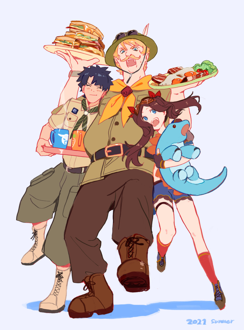1girl, 2boys, absurdres, bacon, belt, black_hair, blonde_hair, boots