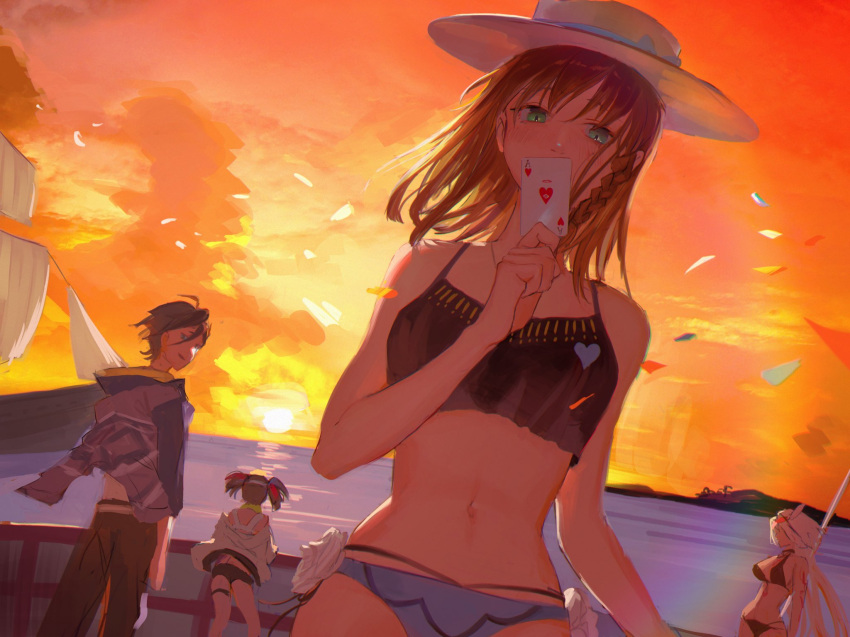 1boy, 3girls, bikini, braid, caenis_(fate), caenis_(swimsuit_rider)_(fate), card, charlotte_corday_(fate), charlotte_corday_(swimsuit_caster)_(fate), covering_mouth, fate/grand_order, fate_(series), green_eyes, hat, highres, hood, hooded_jacket, jacket, looking_back, mandricardo_(fate), multiple_girls, navel, playing_card, sei_shounagon_(fate), sei_shounagon_(swimsuit_berserker)_(fate), ship, sunset, swimsuit, twintails, ubwmitekure, watercraft