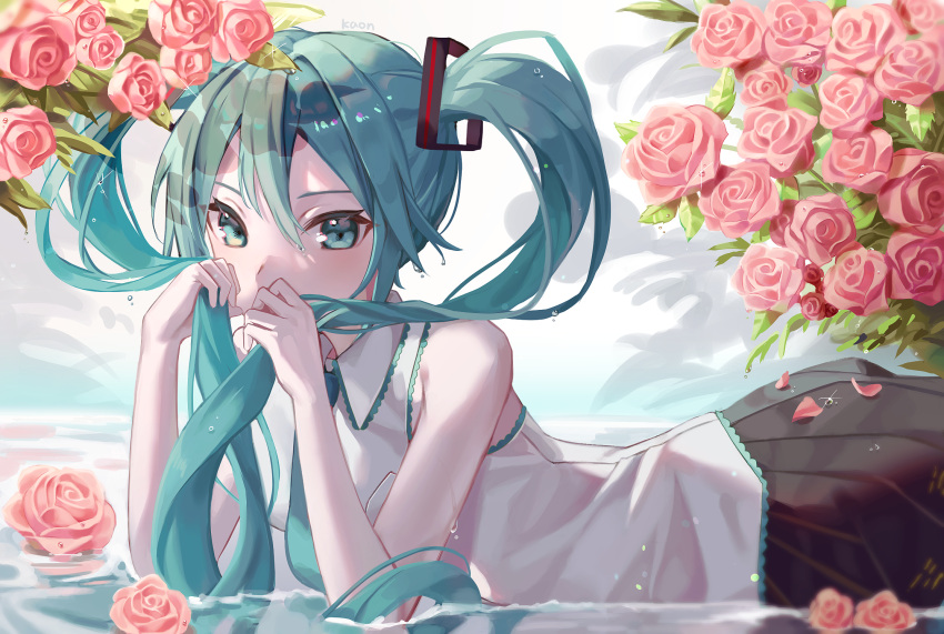 1girl, aqua_eyes, aqua_hair, aqua_neckwear, bare_arms, bare_shoulders, black_skirt, blush