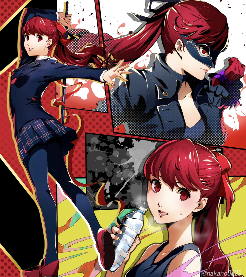 1girl, arm_up, bangs, black_choker, black_jacket, black_legwear, black_mask, black_ribbon