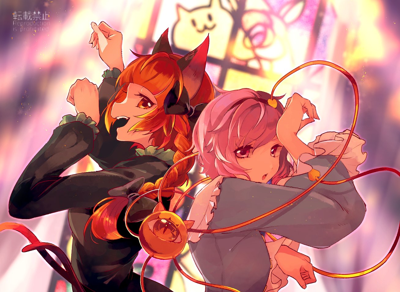 2girls, :d, animal_ears, bangs, black_bow, blunt_bangs, bow, braid