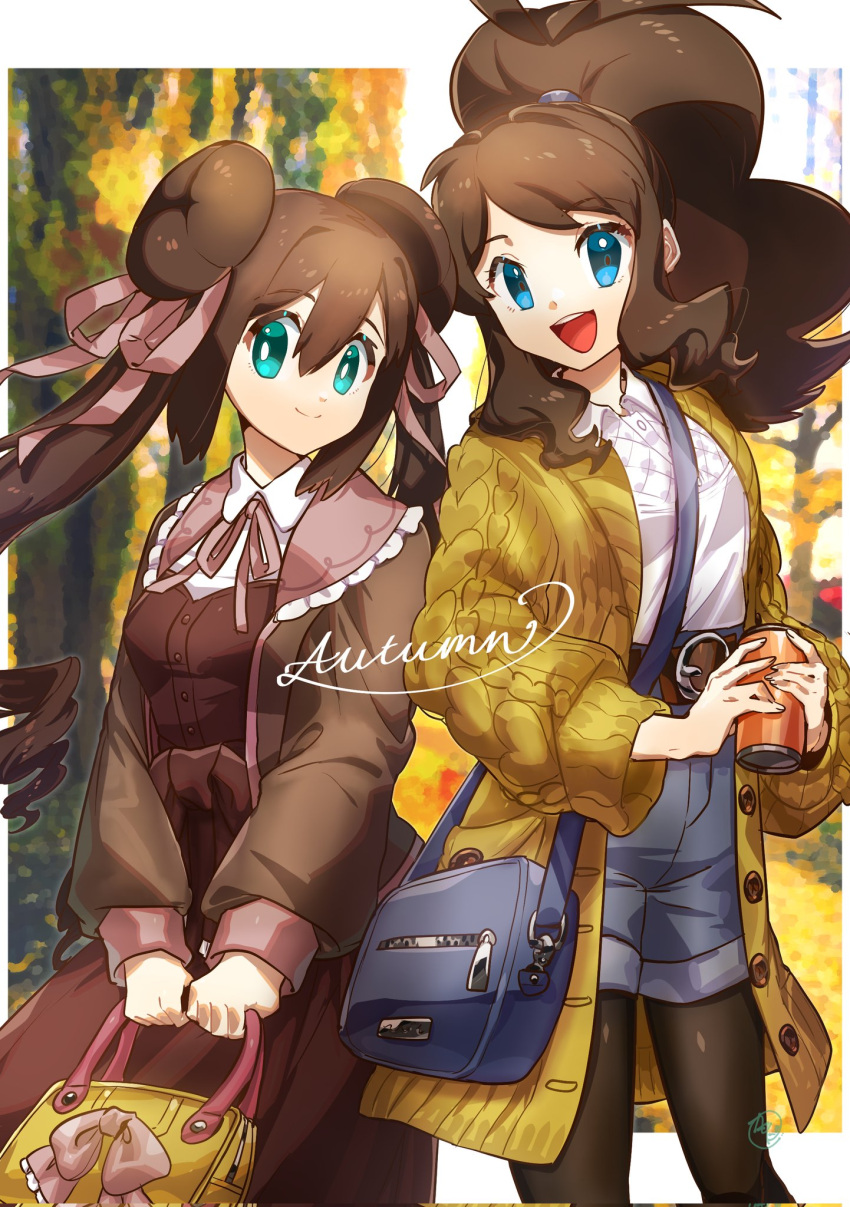 2girls, :d, alternate_costume, antenna_hair, bag, bangs, belt, blue_eyes