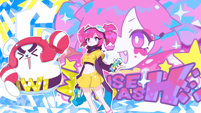 >_<, 1girl, absurdres, bangs, bear, belt, black_shirt, boxing_gloves