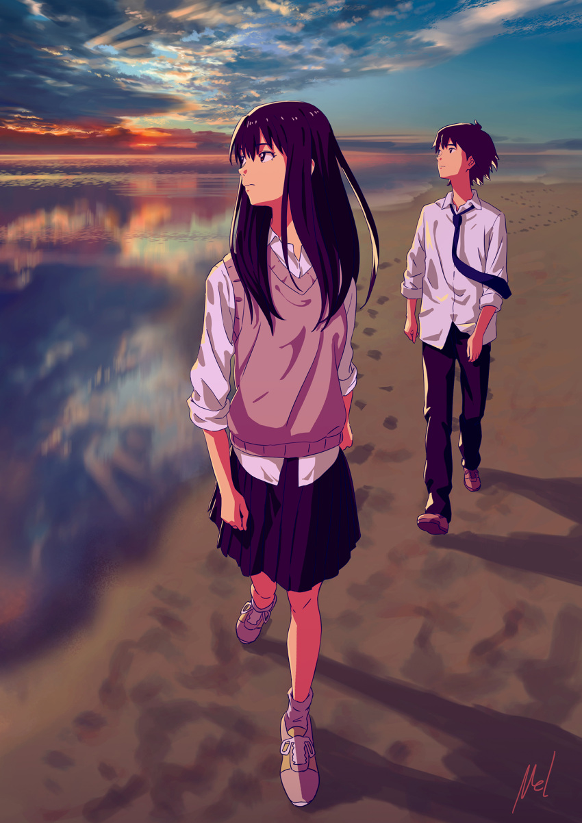 1boy, 1girl, black_hair, closed_mouth, commentary_request, evening, highres, long_hair