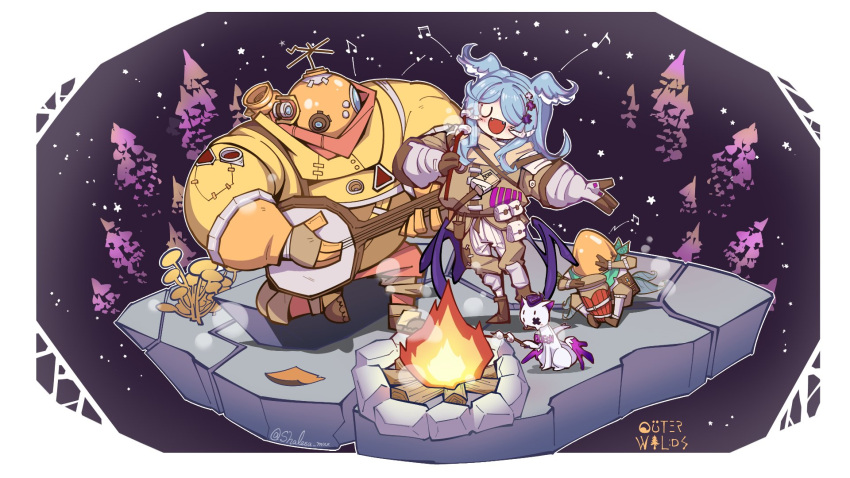 1girl, 2others, alien, banjo, blue_hair, campfire, chert_(outer_wilds), chibi