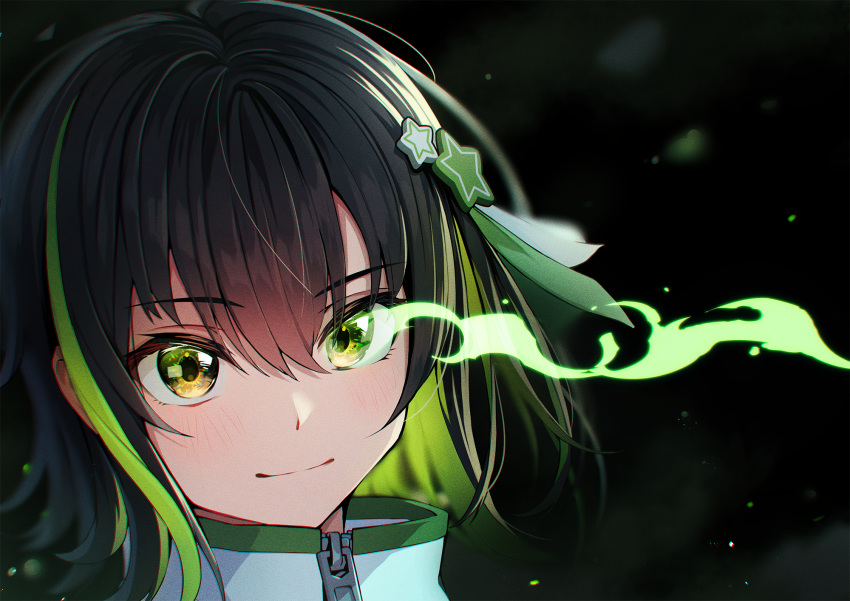 1girl, black_hair, bob_cut, colored_inner_hair, enogu, flaming_eye, glowing, glowing_eyes