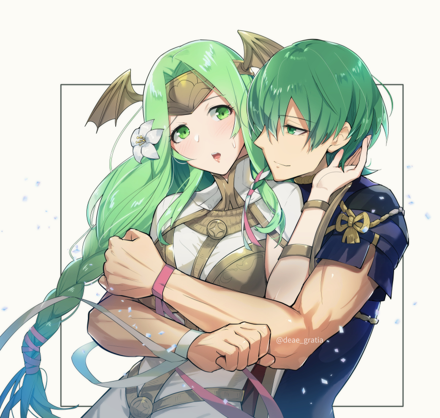 1boy, 1girl, armor, bangs, blush, braid, byleth_(fire_emblem), byleth_eisner_(male)