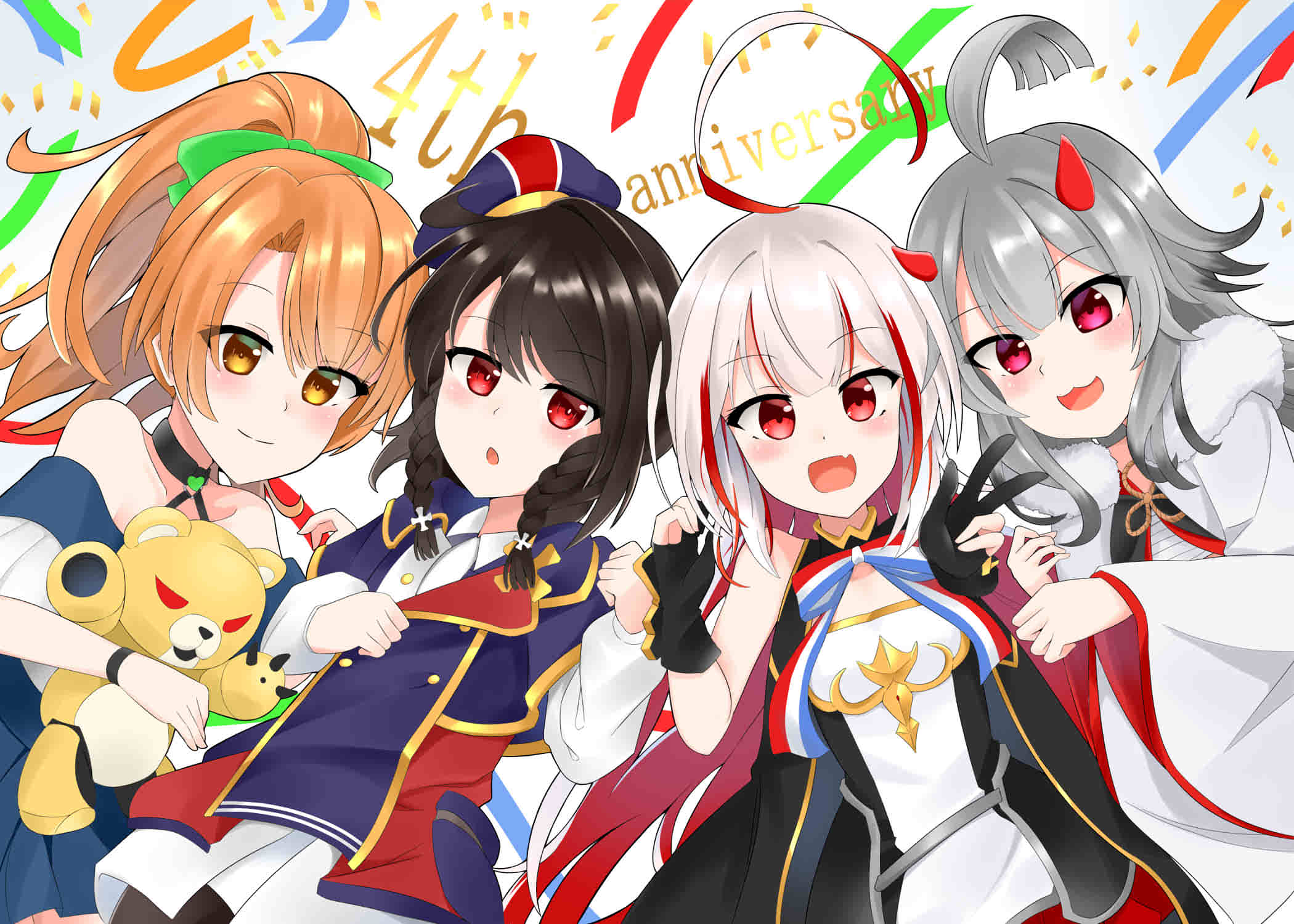4girls, ahoge, azur_lane, black_hair, blush, commentary_request, english_text, fang