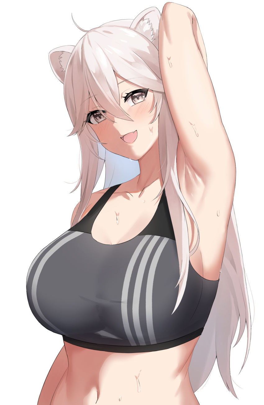 1girl, :d, ahoge, animal_ears, arm_behind_head, armpits, bangs, blush