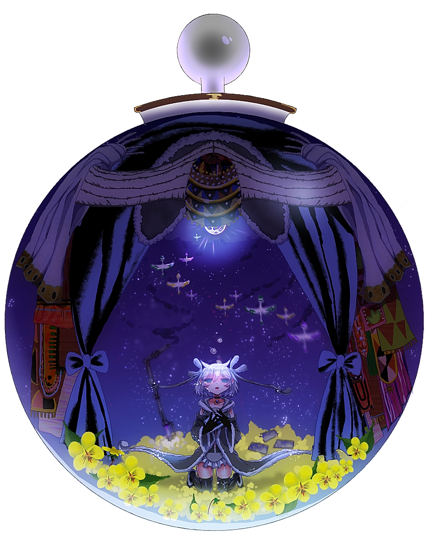 1girl, azusa_mifuyu, bird, crystal_ball, curtains, detached_sleeves, doppel_(madoka_magica), field