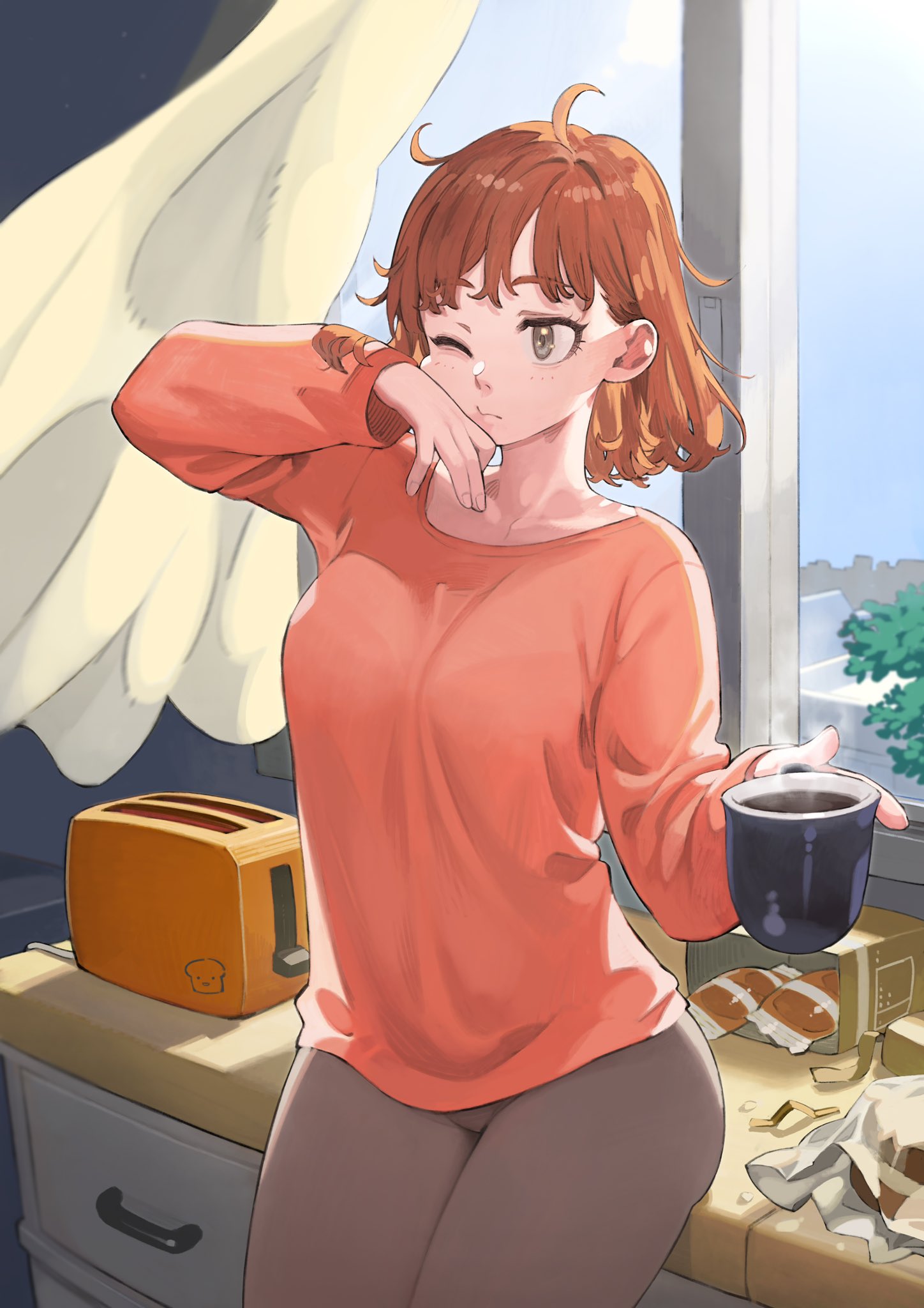 1girl, breasts, coffee, coffee_mug, commentary_request, cup, curtains, drawer
