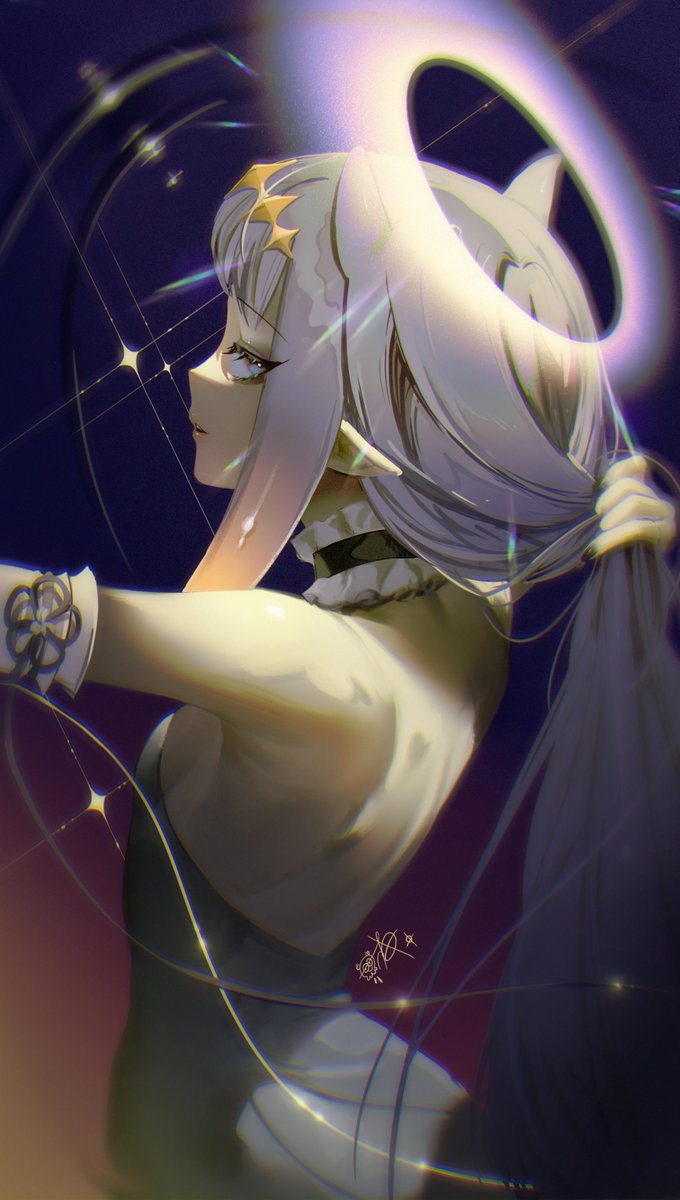 1girl, arm_behind_head, back, bangs, black_dress, black_nails, blue_eyes, choker