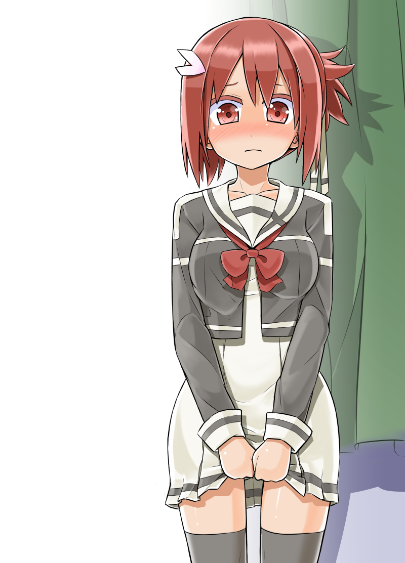 (mashio), 1girl, blush, colored_eyelashes, dress, embarrassed, hair_ornament, hairclip