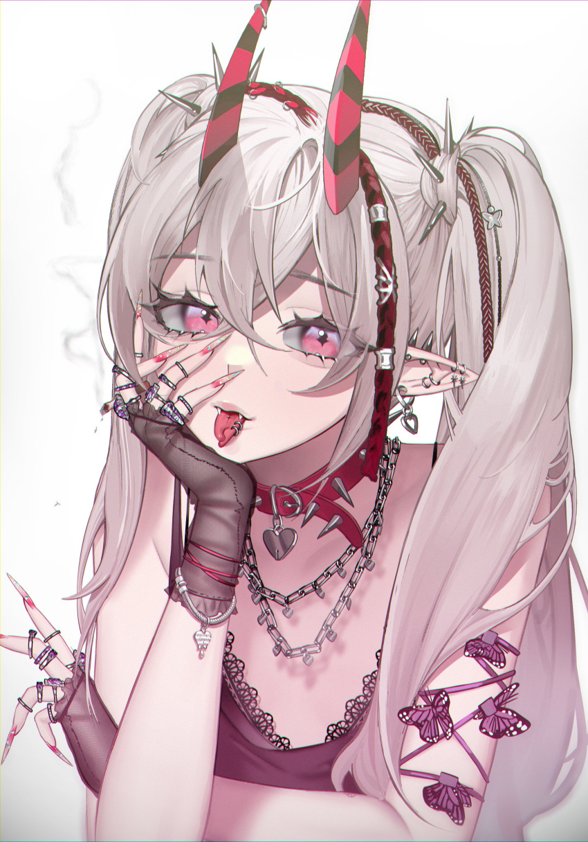 1girl, absurdres, animal_collar, bangs, black_gloves, bracelet, chain_necklace, collar