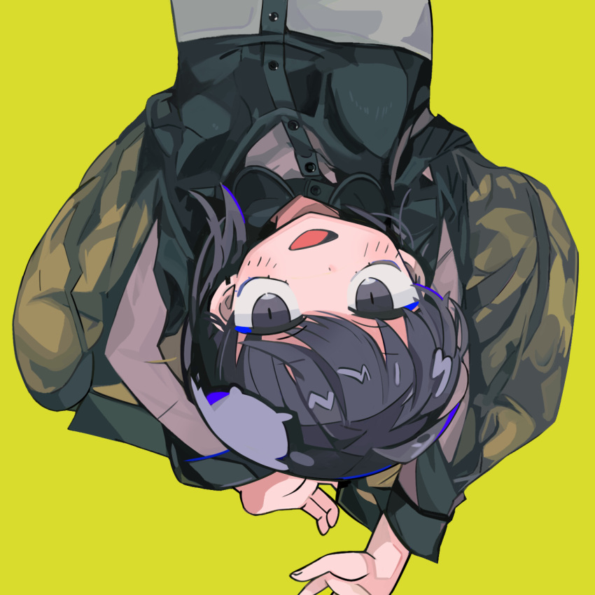 1girl, :d, arms_up, bangs, black_eyes, black_hair, black_shirt, blue_eyeshadow, blue_hair, blush, buttons, eyeshadow, from_above, green_background, green_jacket, grey_shirt, hair_strand, hands_up, highres, insert_page, jacket, jacket_removed, looking_at_viewer, lying, makeup, multicolored_hair, nanawo_akari, official_art, on_back, open_mouth, promotional_art, real_life, shirt, simple_background, smile, solo, streaked_hair, terada_tera, upper_body, upside-down, upturned_eyes