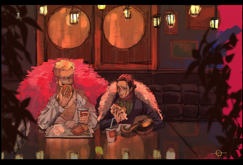 2boys, absurdres, ascot, black_hair, blonde_hair, burger, cola, couch