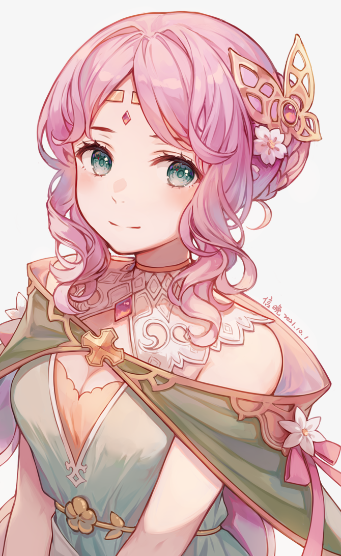 1girl, ayuanlv, bangs, blue_eyes, butterfly_hair_ornament, circlet, granblue_fantasy, hair_ornament, lennah, looking_at_viewer, parted_bangs, pink_hair, short_hair, smile, solo, upper_body, white_background