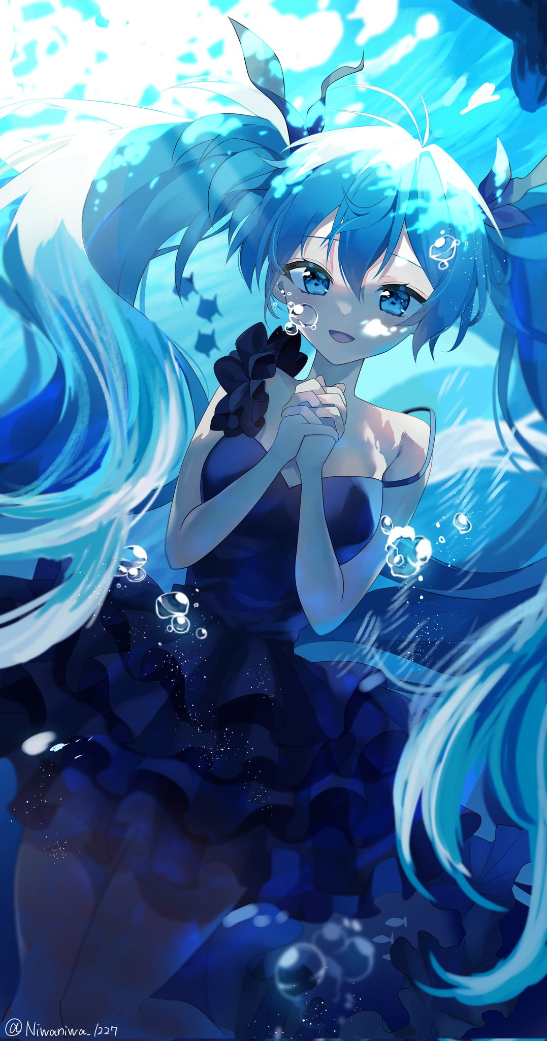 1girl, air_bubble, aqua_eyes, aqua_hair, asymmetrical_clothes, bare_arms, bare_shoulders, black_dress