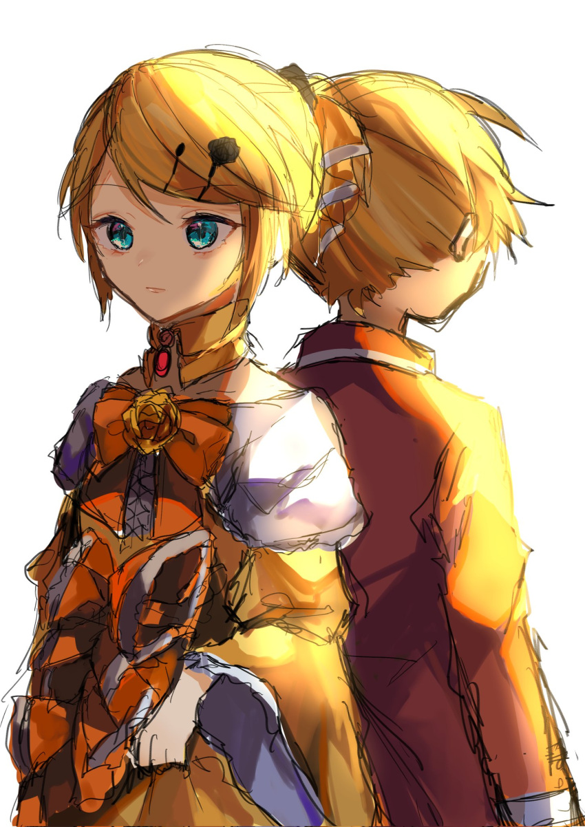 1boy, 1girl, aku_no_meshitsukai_(vocaloid), aku_no_musume_(vocaloid), allen_walker, aqua_eyes, back-to-back, blonde_hair