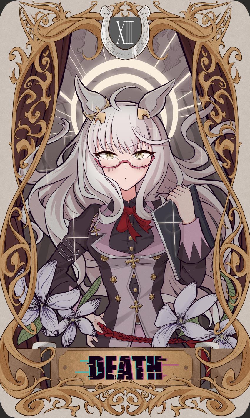 1girl, absurdres, ahoge, animal_ears, biwa_hayahide_(umamusume), card_(medium), death_(tarot), discharge_mochi