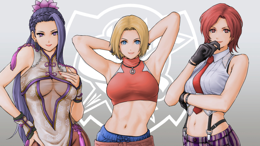 abs, armpits, bare_shoulders, belt, blonde_hair, blue_eyes, blue_mary, breasts, crop_top, fatal_fury, fingerless_gloves, gloves, halterneck, highres, large_breasts, lips, lipstick, looking_at_viewer, makeup, mature_female, midriff, muscular, navel, necktie, pants, red_eyes, redhead, short_hair, simple_background, sleeveless, smile, straight_hair, suspenders, the_king_of_fighters, the_king_of_fighters_xv, vanessa_(kof), x_chitch