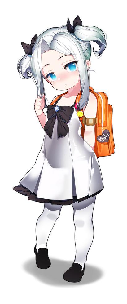 1girl, backpack, bag, bangs, blue_eyes, blush, double_bun, dress