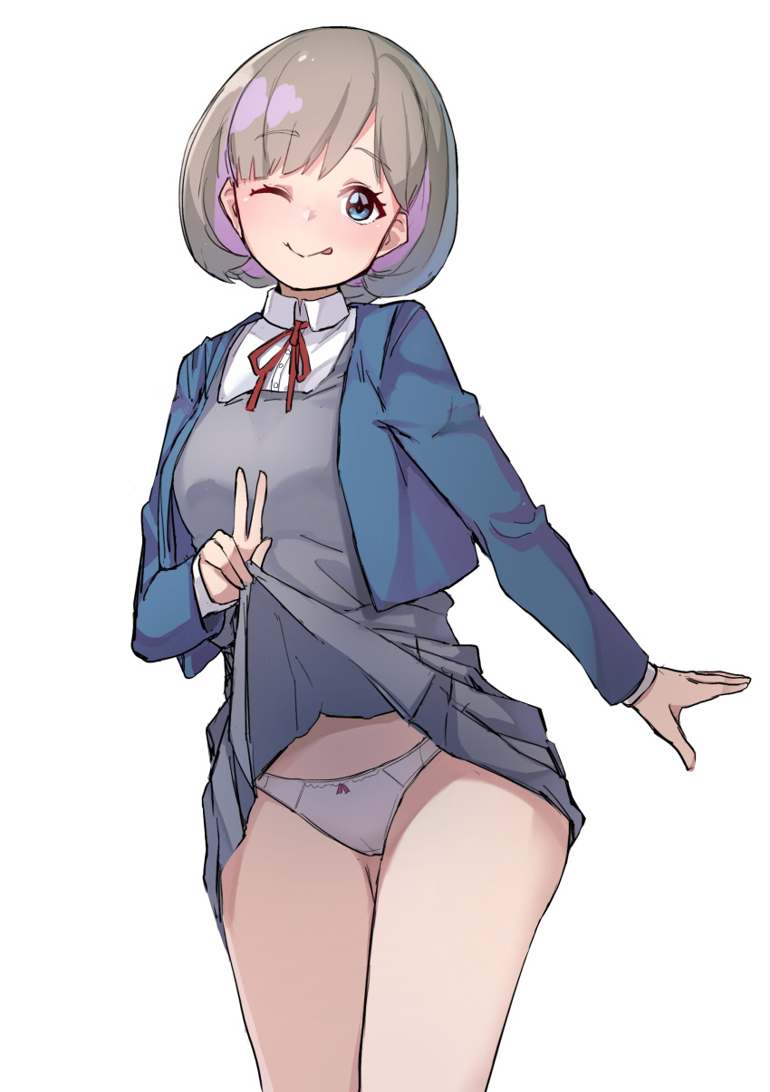 1girl, ;p, absurdres, bangs, blue_eyes, blue_jacket, bow, bow_panties, clothes_lift, collared_shirt, dress, dress_lift, eyebrows_visible_through_hair, grey_dress, grey_hair, highres, jacket, justeeeeth, lifted_by_self, long_sleeves, looking_at_viewer, love_live!, love_live!_superstar!!, neck_ribbon, one_eye_closed, panties, parted_bangs, pinafore_dress, red_neckwear, ribbon, school_uniform, shiny, shiny_hair, shirt, short_hair, smile, solo, tang_keke, tongue, tongue_out, underwear, v, white_panties, white_shirt, yuigaoka_school_uniform