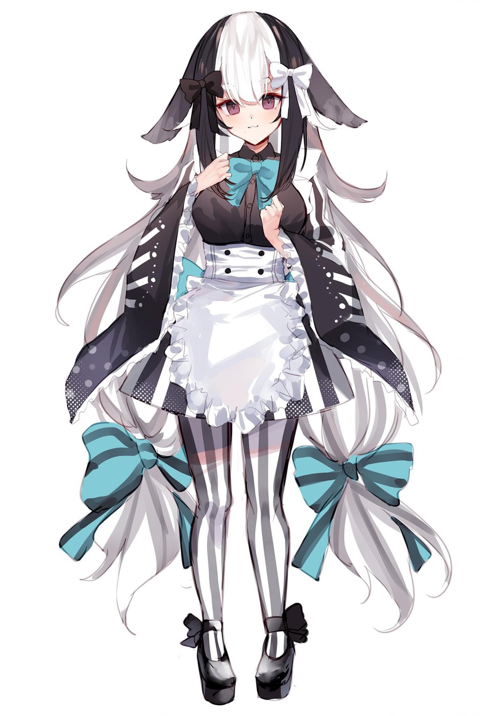 1girl, :3, animal_ears, apron, bangs, bikini, black_bow, black_footwear, black_hair, blue_bow, bow, bowtie, breasts, closed_mouth, commentary_request, eyebrows_visible_through_hair, frilled_apron, frilled_bikini, frills, full_body, grey_hair, hair_between_eyes, hair_bow, hands_up, highres, large_breasts, long_hair, long_sleeves, looking_at_viewer, low-tied_long_hair, miyasaka_miyabi, multicolored_hair, original, pantyhose, platform_footwear, rabbit_ears, shoes, short_eyebrows, side_ponytail, simple_background, skirt, solo, standing, striped, striped_legwear, swimsuit, thick_eyebrows, twintails, vertical-striped_legwear, vertical-striped_skirt, vertical_stripes, very_long_hair, white_apron, white_background, white_bow, white_hair, wide_sleeves