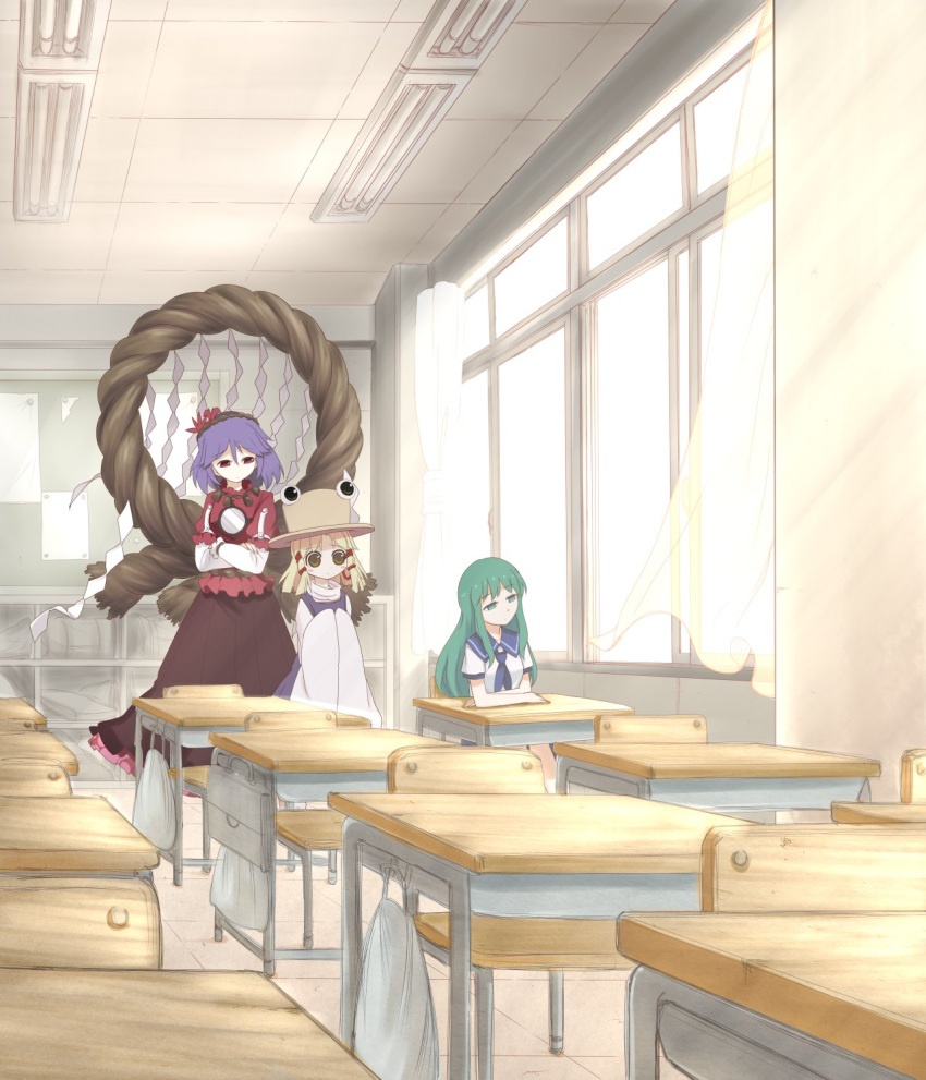 3girls, bangs, blush_stickers, ceiling_light, curtains, desk, dress, empty_eyes