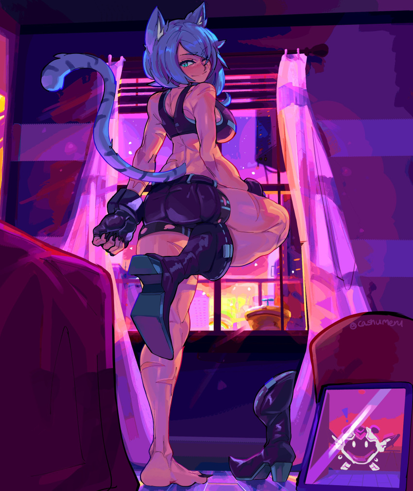 1girl, absurdres, animal_ears, ass, black_bra, black_footwear, black_shorts, blue_hair